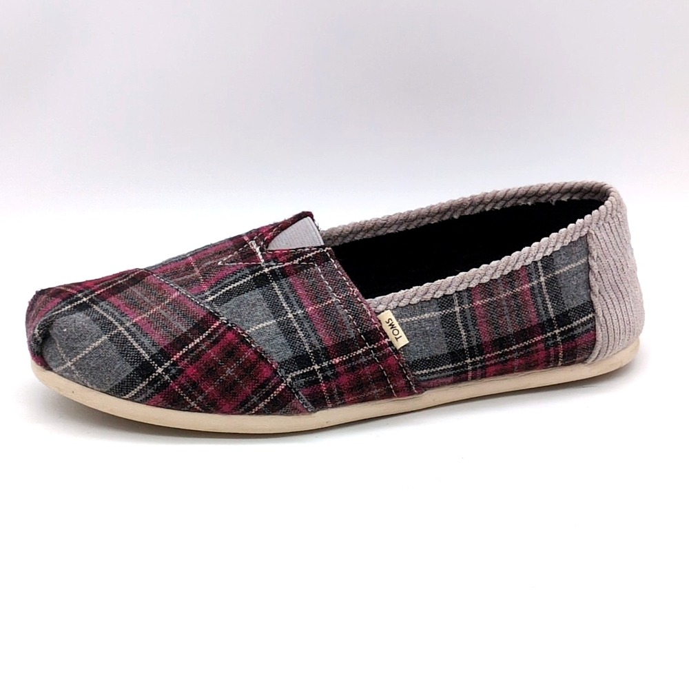 Toms Shoes Womens Red White Plaid 9 Slip On Sneaker Walking Comfort Stretch